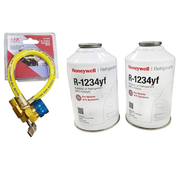 Honeywell R-1234yf, Two 8 ounce Cans & Charging Hose (Brand may vary between Honeywell or National Refrigerants)