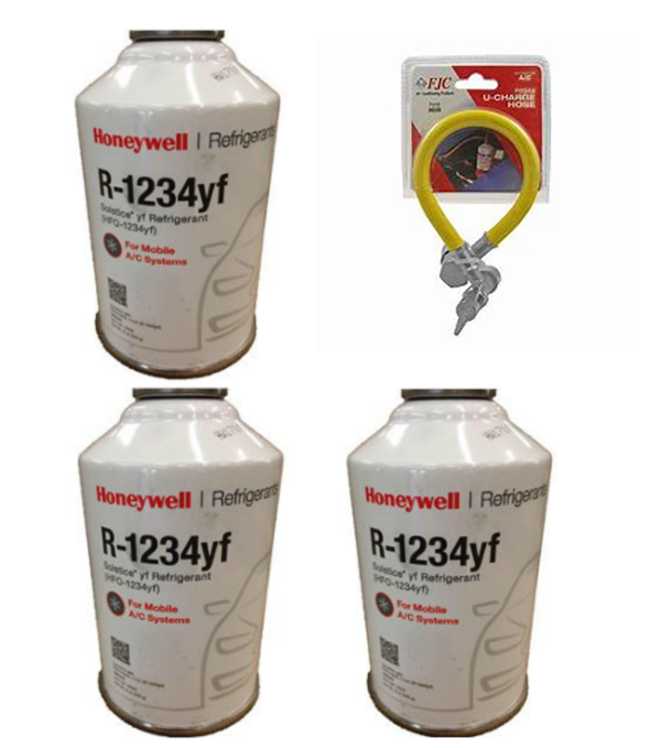 Honeywell R-1234yf, Three 8 ounce Cans & Charging Hose (Brand may vary between Honeywell or National Refrigerants)