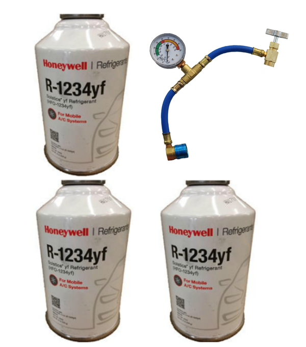 Honeywell R-1234yf, Three 8 ounce Cans, Service Hose & Gauge (Brand may vary between Honeywell or National Refrigerants)