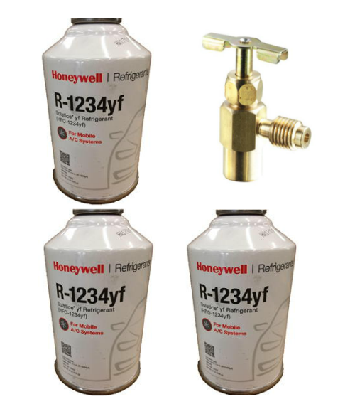 Honeywell R-1234yf, Three 8 ounce Cans & Weitron Can Tap (Brand may vary between Honeywell or National Refrigerants)