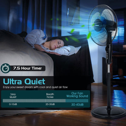 16 Inches Adjustable Height Fan with Quiet Oscillating Stand for Home and Office