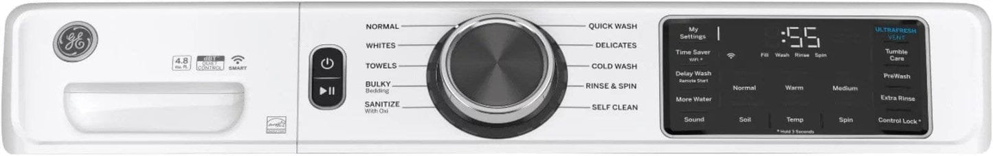 GE – 4.8 CuFt High-Efficiency Stackable Smart Front Load Washer w/UltraFresh Vent System & Microban Antimicrobial Technology – White on white