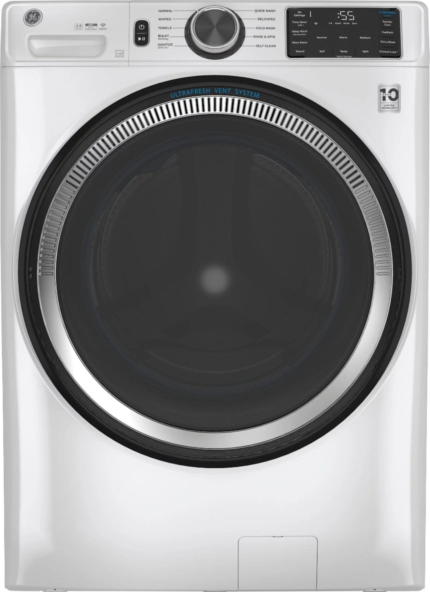 GE – 4.8 CuFt High-Efficiency Stackable Smart Front Load Washer w/UltraFresh Vent System & Microban Antimicrobial Technology – White on white